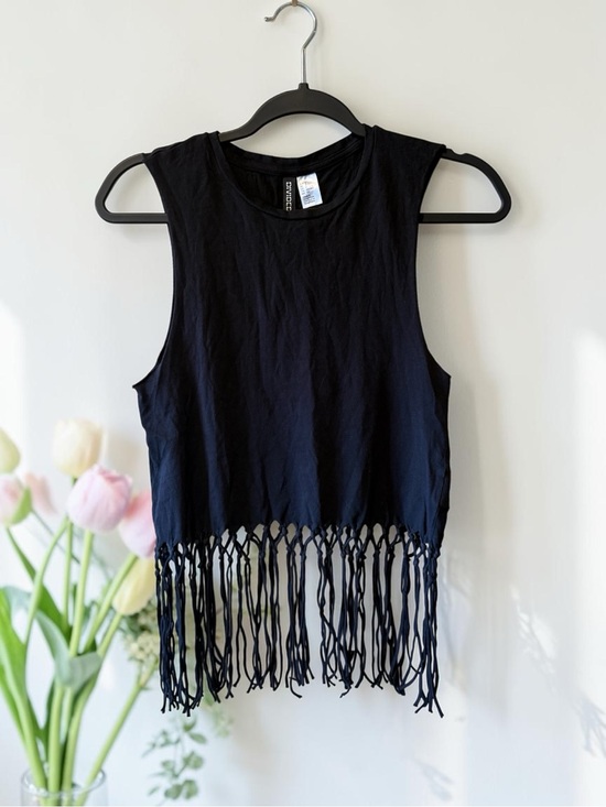 Divided Tops - Divided by H&M Black Fringe Hem Crop Tank Top